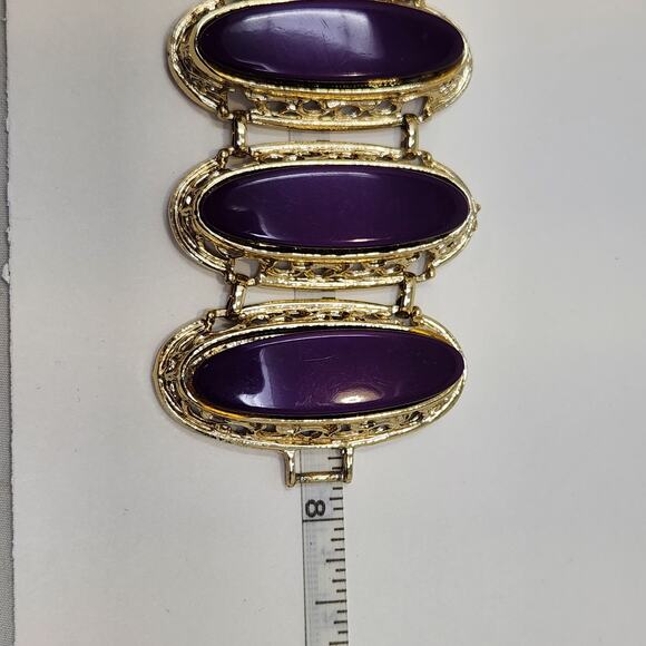 Purple Oval Gold Tone Panel Oversized Cuff Link Bracelet Dramatic Statement - Picture 5 of 6